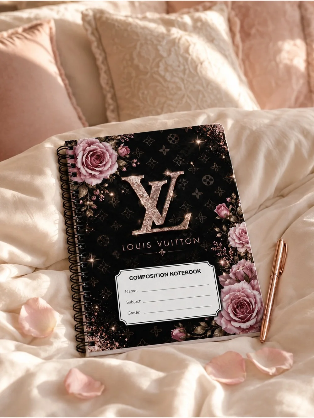 Louis Vuitton Black Notebook with Pink Floral Accents